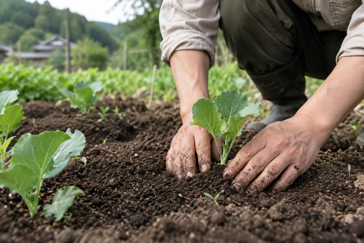 農園で土に触れながら苗を植える様子